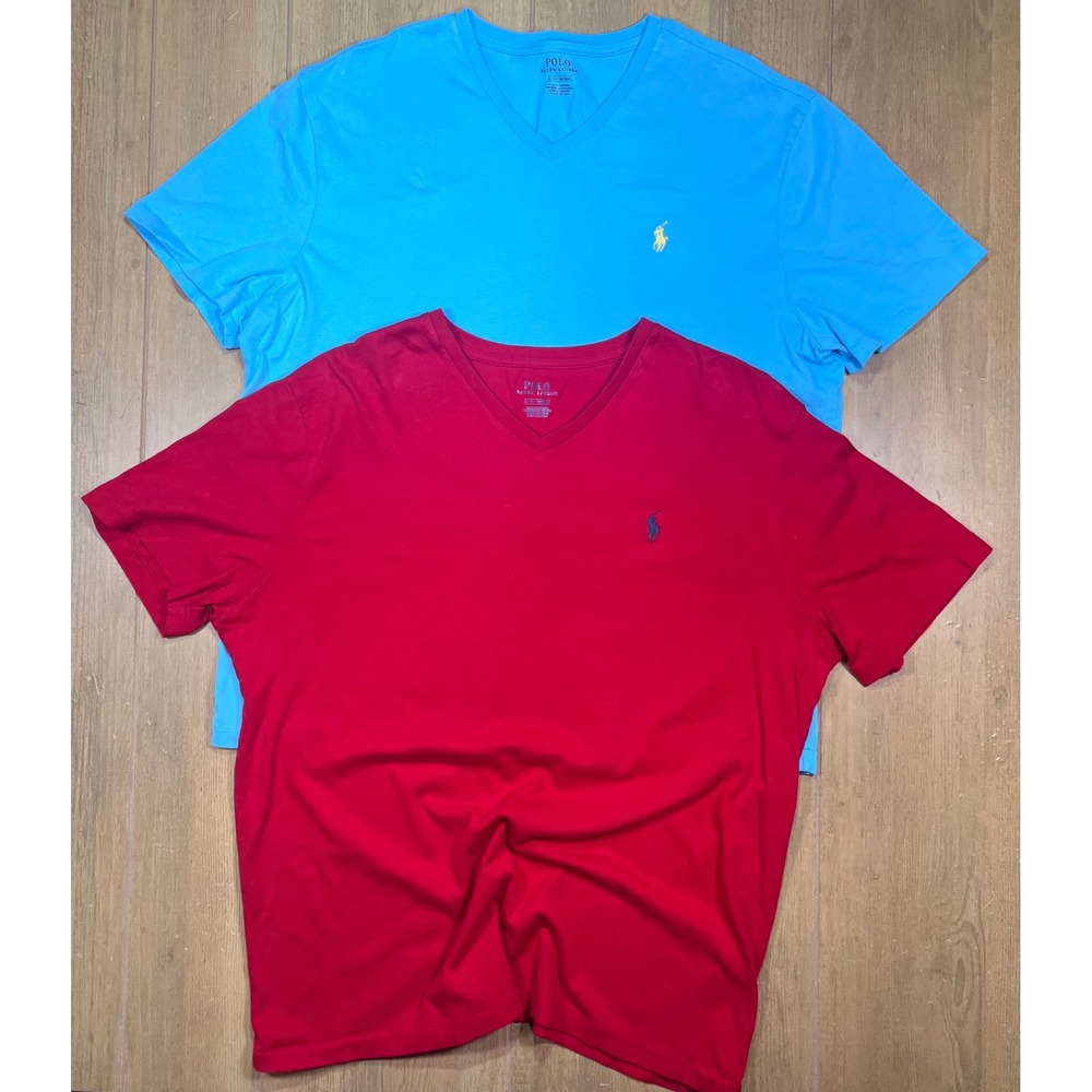 Polo Ralph Lauren Mens V-Neck T-Shirt 2 Pack Red Blue Pony Logo 710610676011 - Picture 2 of 14